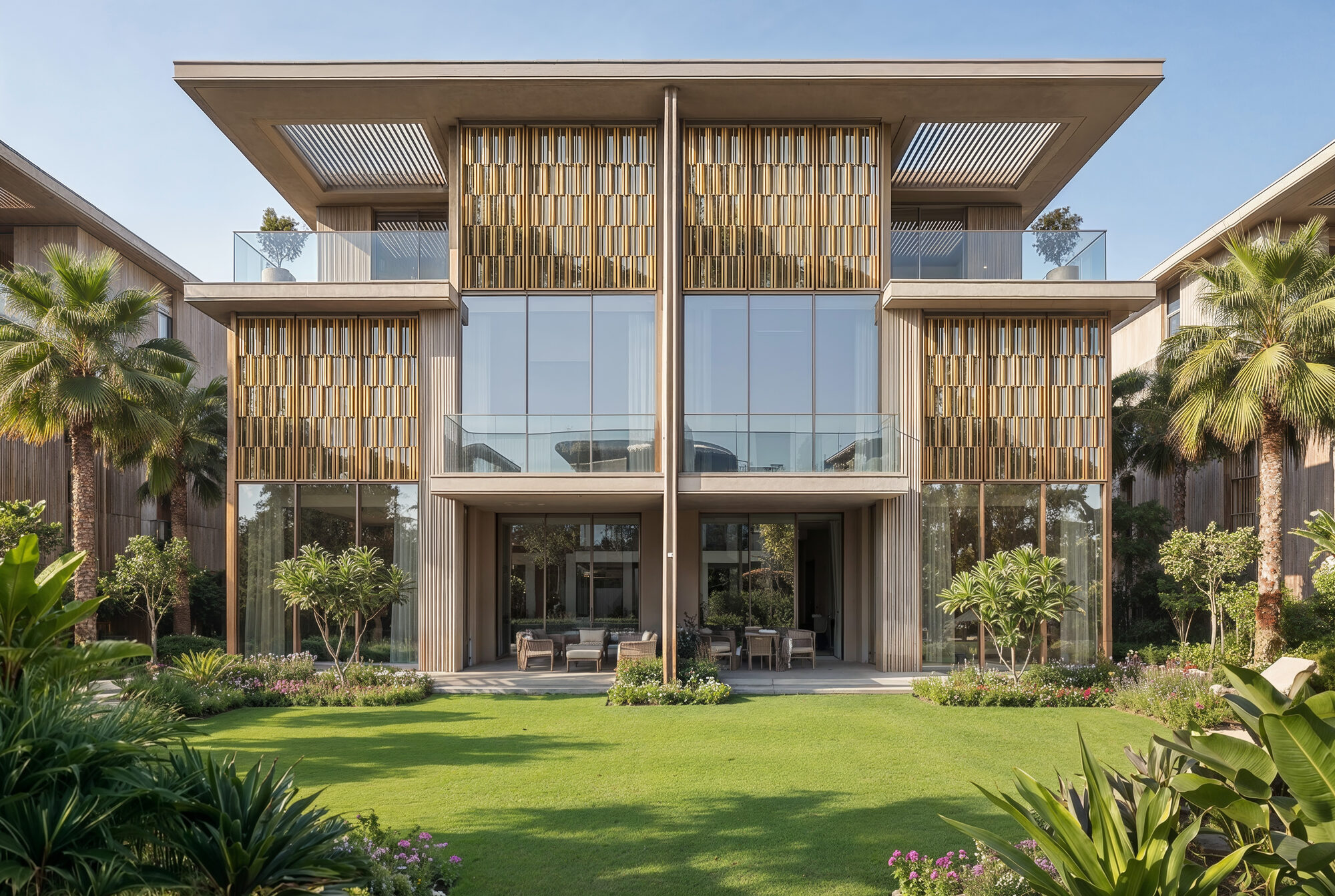 Tilal Binghatti 6-bedroom Mansion exterior — bronze fins, double-height glass facade, evening render