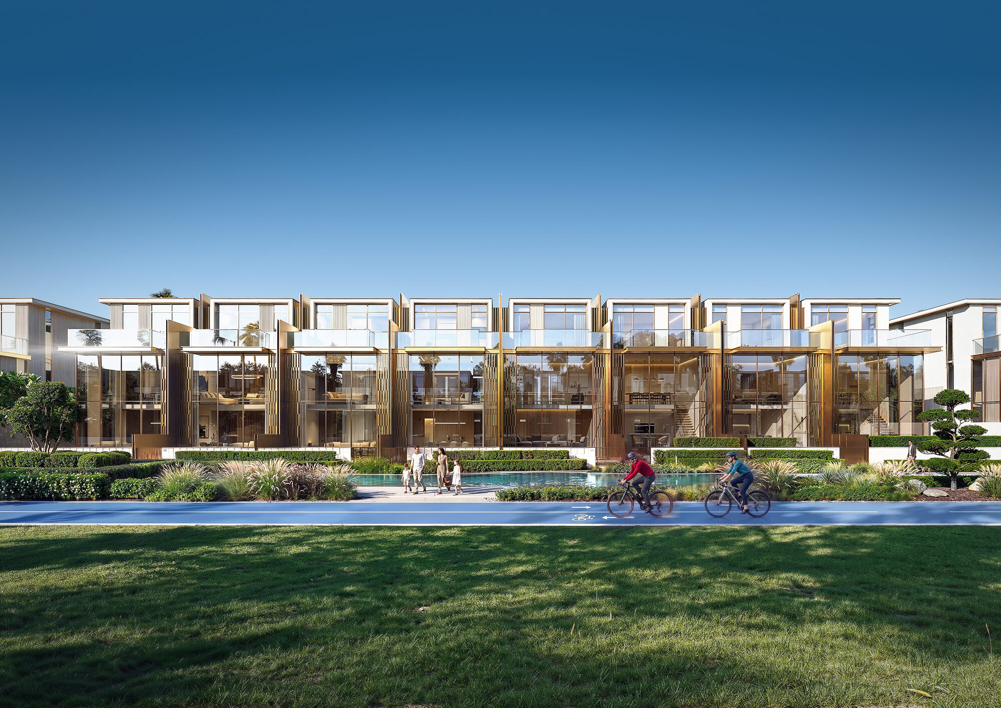 Tilal Binghatti 4-bedroom Villa exterior — bronze-frame glass facade, garden landscaping