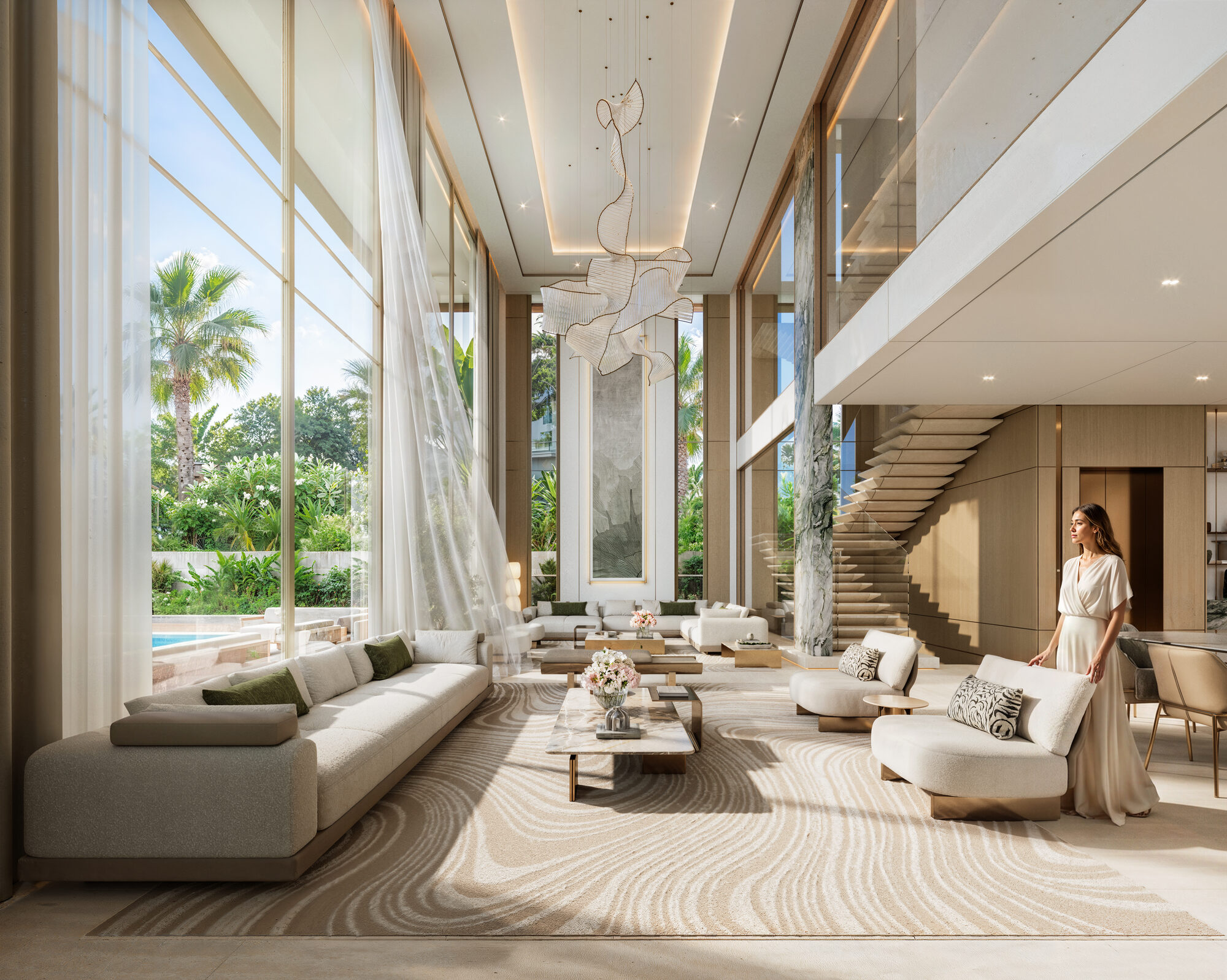 Tilal Binghatti Grand Mansion interior — marble dining area and bronze hairline trim
