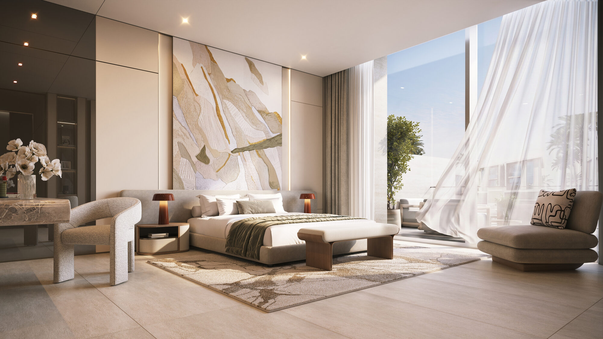 Tilal Binghatti Villa interior — open-plan living and dining with double-height ceilings