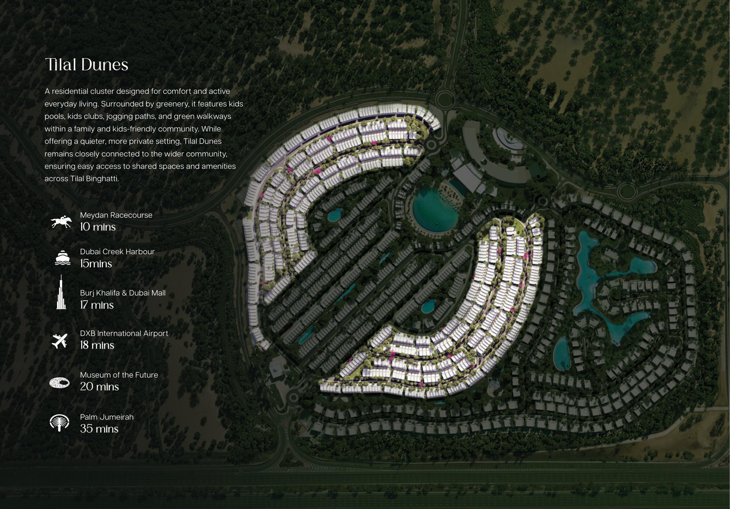 Aerial view of Tilal Binghatti showing the masterplan and proximity to Dubai landmarks